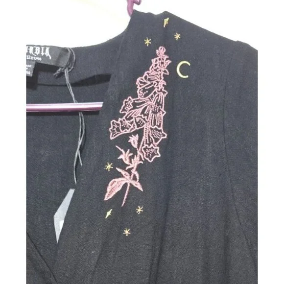 Disturbia Embroidered Foxglove V-neck Mini Dress 8 Whimsigoth Witch Black Gothic - Picture 4 of 16